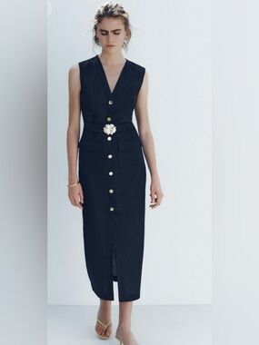 Zara Navy Blue Linen Belted Midi Dress V-Neck Sleeveless Slit Summer NWT
